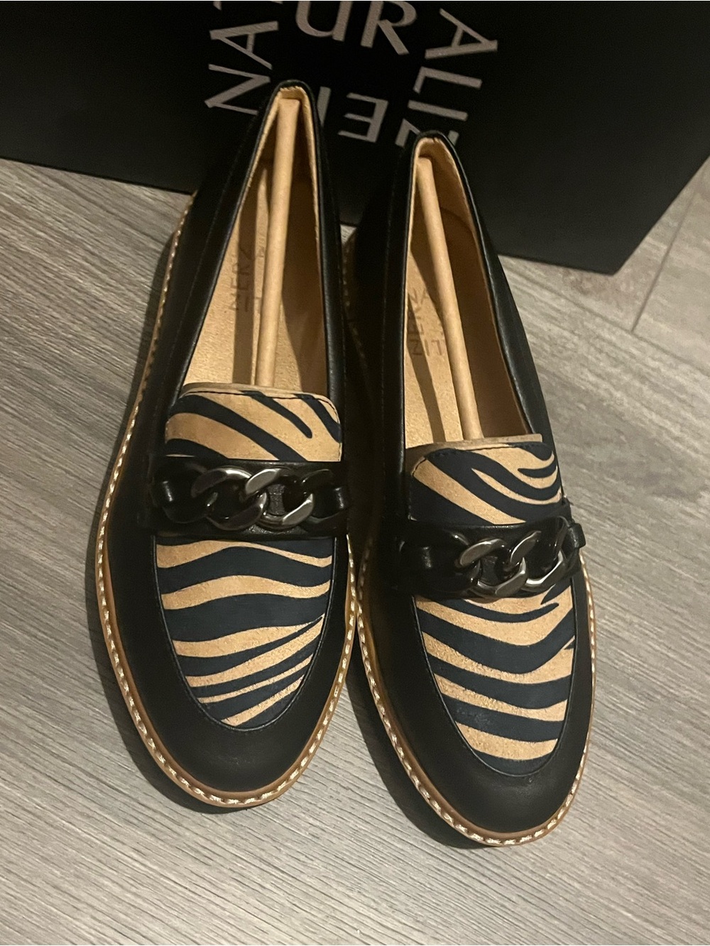 Naturalizer Black and Tan Zebra-Print Chain Loafers - Women